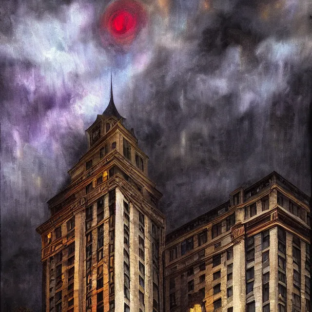 Prompt: ultra - realistic painting gothic 1 9 2 0 s 1 0 - storey hotel in downtown boston overlooking a dark street against a horrifying cosmic sky, atmospheric lighting, gloomy, foreboding