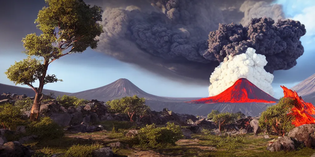 Prompt: stunning landscape, volcano eruption, 8 k uhd, unreal engine, octane render in the artstyle of kuindzhi