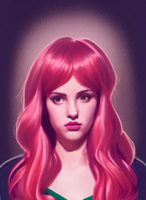 Image similar to full body portrait of teenage cheryl blossom, bangs, green eyes, sultry expression, red hair, sultry smirk, bangs and wavy hair, pink skirt, intricate, elegant, glowing lights, highly detailed, digital painting, artstation, concept art, smooth, sharp focus, illustration, art by wlop, mars ravelo and greg rutkowski