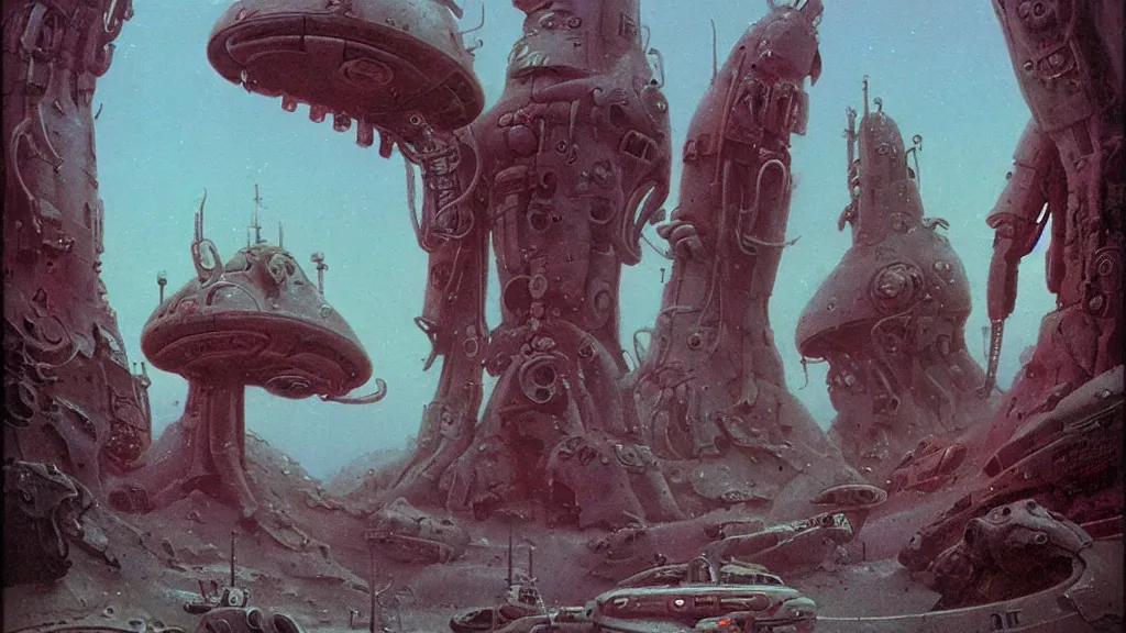 Image similar to mysterious whimsical sculpture of alien technology by paul lehr and john schoenherr and john harris, cinematic matte painting