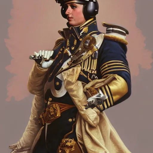 Image similar to portrait of divine emperor napoleon bonaparte as maverick in top gun, handsome, jet pilot, visor, dieselpunk steampunk napoleonic french baroque, metal shoulder pauldrons, intricate, highly detailed, digital painting, artstation, concept art, sharp focus, cinematic lighting, illustration, art by artgerm and greg rutkowski, alphonse mucha, cgsociety