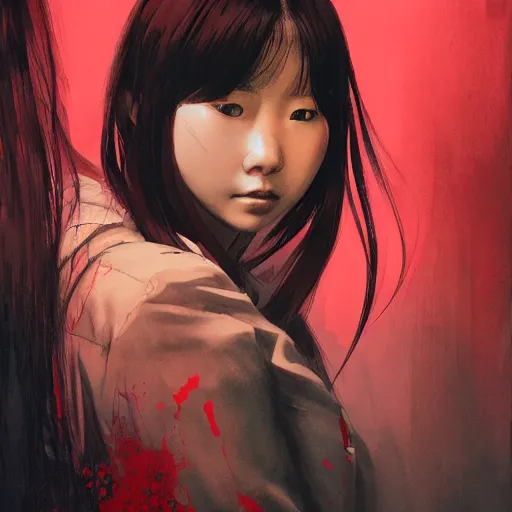 Image similar to full body portrait of a korean schoolgirl with long hair and bangs, her arms are mutating into thin red tedrils, dramatic lighting, illustration by Greg rutkowski, yoji shinkawa, 4k, digital art, sci-fi horror concept art, trending on artstation