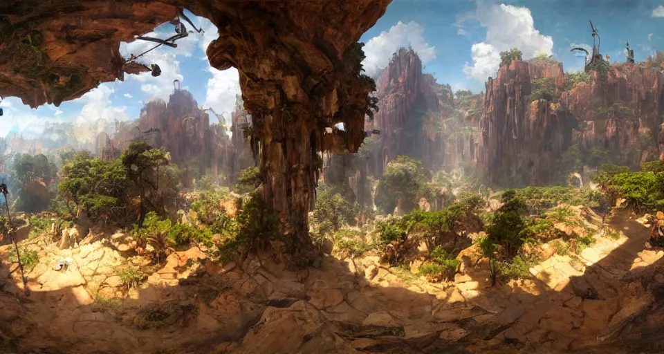 Prompt: A panoramic 360 photo of gameplay from a videogame painted by James Gurney. Matte painting. Fantastic incredible intriguing mysterious engaging impressive masterpiece lighting. Colorful environment, rule of thirds, symmetrical balance, depth layering, polarizing filter, Sense of Depth, AI enhanced