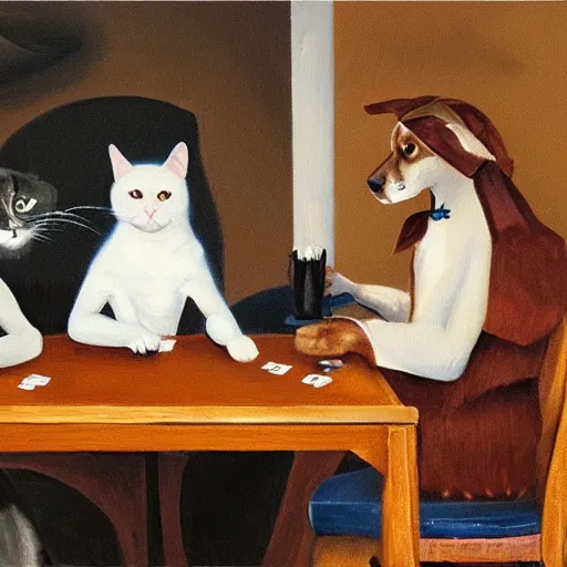 Prompt: An oil painting of a dog and cat dressed as people, sitting at a table playing cards