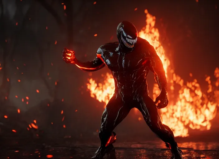 Image similar to venom standing still in a fire around him, ultra realistic 4 k unreal engine very cinematic render with ray tracing bloom ambient occlusion strong reflections depth of field fog