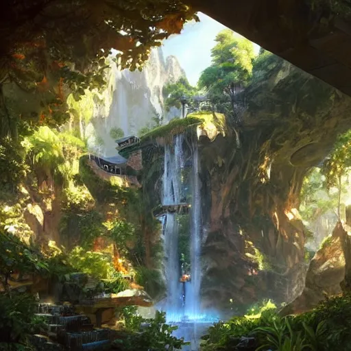 Image similar to roughly cylindrical overwatch headquarters carved inside a mountain surrounding a lush well kept garden, central waterfall, magical, natural light, fantasy, sharp focus, concept art, by greg rutkowski and craig mullins, cozy atmospheric