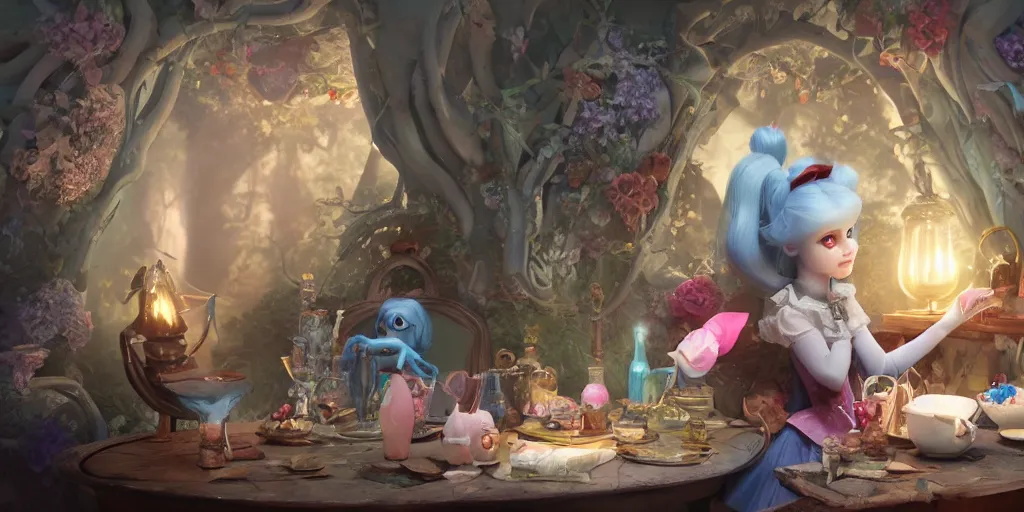 Prompt: a insanely intricate beautifull 3 d render of alice in wonderland, beauty cute faces, unreal engine, 8 k resolution, cell shaded render, soft dramatic lighting, cinematic, insane details, subsurface scattering, anti aliashing, pixar,