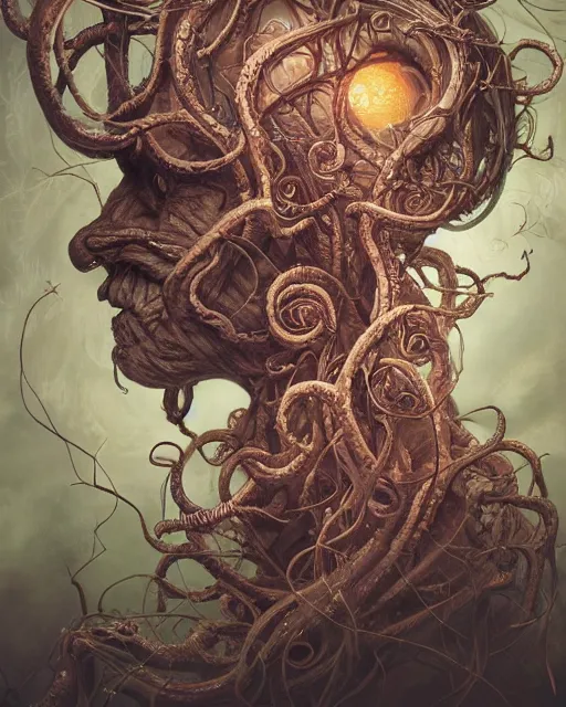 Image similar to centered beautiful detailed side view profile portrait of a insane old man, ornate tentacles growing around, ornamentation, thorns, vines, tentacles, elegant, beautifully soft lit, full frame, by wayne barlowe, peter mohrbacher, kelly mckernan, h r giger