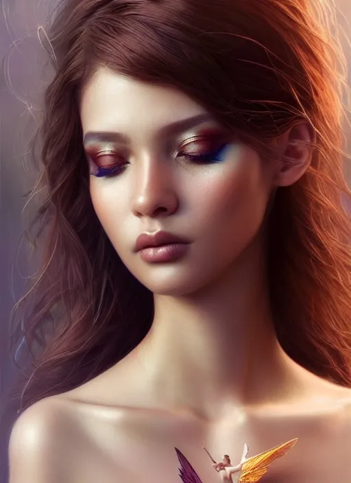 Prompt: portrait of fairy model, intricate, sharp focus, octane render, brown skin, realistic render, detailed, beautiful, unreal engine, symmetrical!!, maybelline, sephora, loreal, artstation, art by artgerm, rossdraws, art by karol bak, makeup by pat mcgrath, cinematic, concept art, filmic, vsco