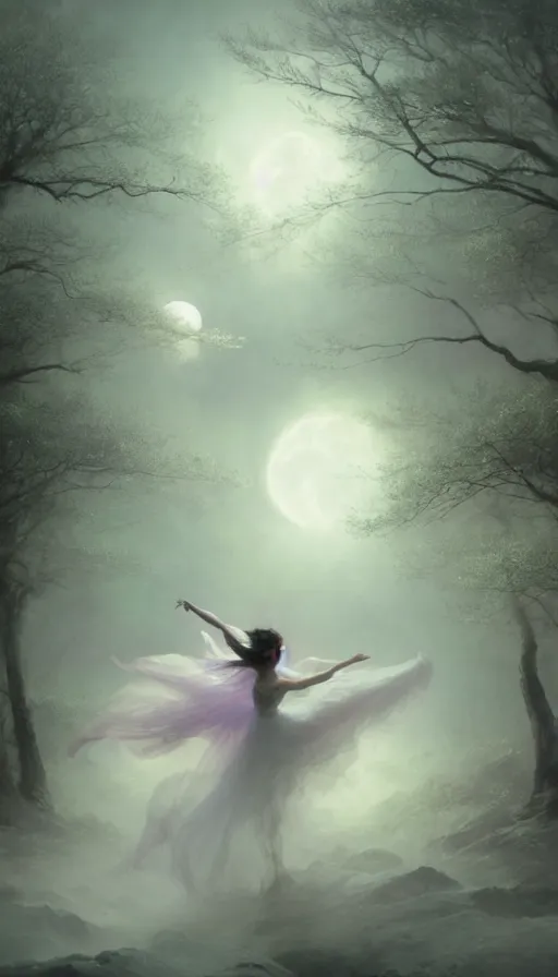 Image similar to dancers in white lit only by the moon, dancing across flowers in the forbidden forest, the twilight dance of the fae by aleksi briclot, greg rutkowski and ivan aivazovsky, contemporary dance, volumetric atmospheric, artstation, fantasy, watercolor surrealist abstract