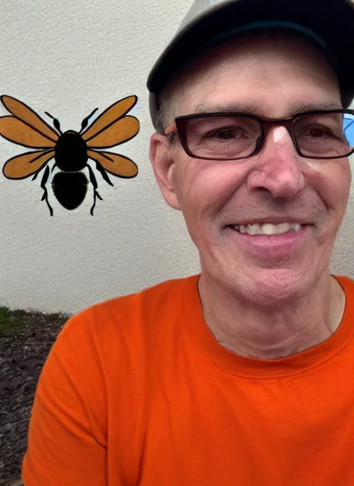 Prompt: a color photograph of a thin man with short white hair, wearing an orange T shirt, a brown baseball cap with a bee on it, black eyeglasses, a lopsided wry smile on his face