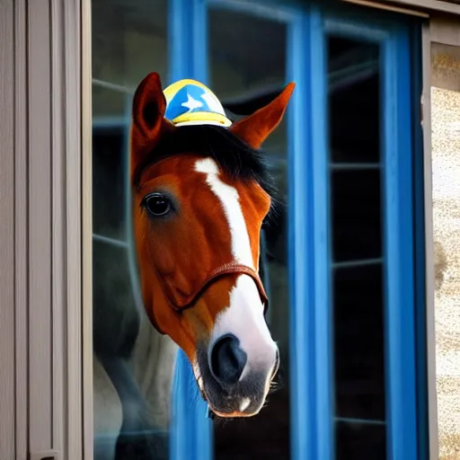 Prompt: photo of a horse wearing a captain america costume looking into a lounge window in a house