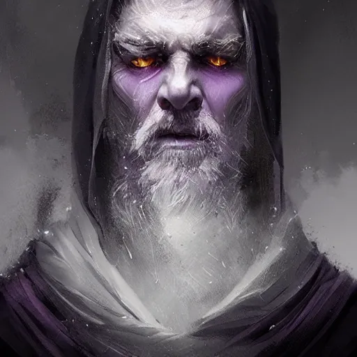 Prompt: portrait of a man with glowing purple eyes, silver hair, wearing a black cloak, concept art, cinematic lighting, detailed face, highly detailed, painting by greg rutkowski