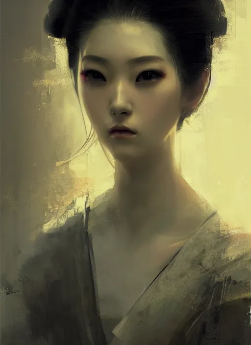 Prompt: female robot geisha girl, beautiful face, rule of thirds, intricate outfit, backlit, by greg rutkowski, by jeremy mann, digital painting