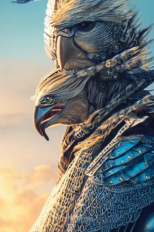 Prompt: realistic detailed photo of ladyhawke, soaring through the sky, blue eyes, woven armour with , intricate complexity, Behance, golden ratio, fibanci background, vray, rich deep colors