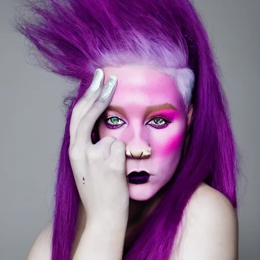 Image similar to a woman with pink hair, purple eyebrows, and a septum ring, editorial photography