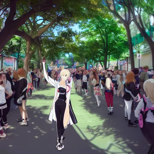 Image similar to blonde - haired princess, anime princess, wearing black jacket and white leggings, looking through crowd, town street, festival street, trees, green trees, blue lighting, blue sunshine, strong lighting, strong shadows, vivid hues, ultra - realistic, sharp details, subsurface scattering, intricate details, hd anime, 2 0 1 9 anime