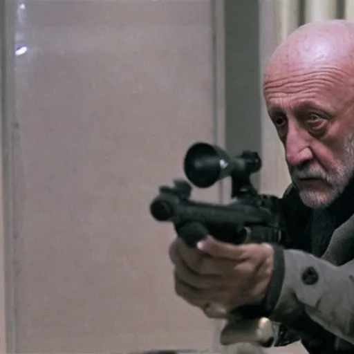 Prompt: Film still of Mike Ehrmantraut aiming a !!!sniper rifle!!!, 4k, !!highly detailed!!