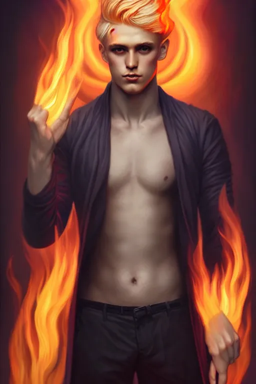 Prompt: character art by tom bagshaw, young man, blonde hair, on fire, fire powers