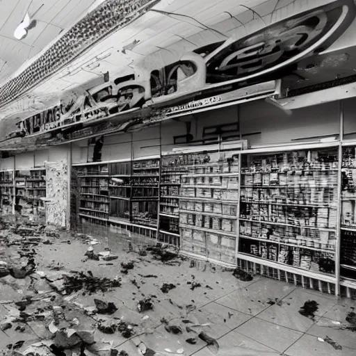 Image similar to a ransacked grocery store, broken signs, filthy flooring. Vines growing. Award-winning photo. OM system 12–40mm PRO II 40mm, 1/100 sec, f/2 8, ISO 800