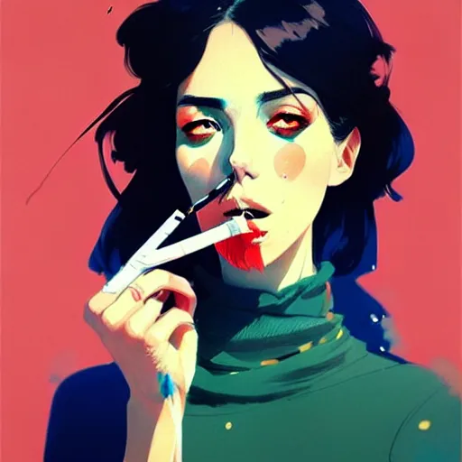 Image similar to a ultradetailed beautiful portait panting of a stylish woman with a cigarette in her mouth, by conrad roset, greg rutkowski and makoto shinkai, trending on artstation