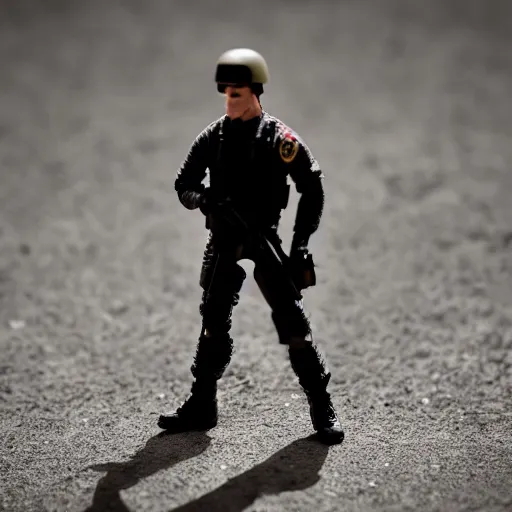 Image similar to Kevin Bacon as a G.I. Joe action figure, hyper realistic, photograph, tilt shift, 65mm, sharp focus