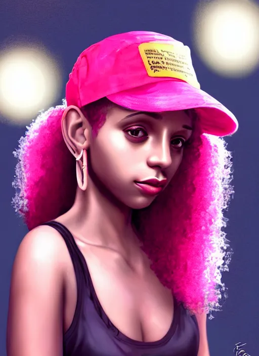 Image similar to portrait of teenage vanessa morgan with bright pink hair, black girl, vanessa morgan, curly pixie cut hair, wearing newsboy cap, newsboy cap, hoop earrings, intricate, elegant, glowing lights, highly detailed, digital painting, artstation, concept art, smooth, sharp focus, illustration, art by wlop, mars ravelo and greg rutkowski