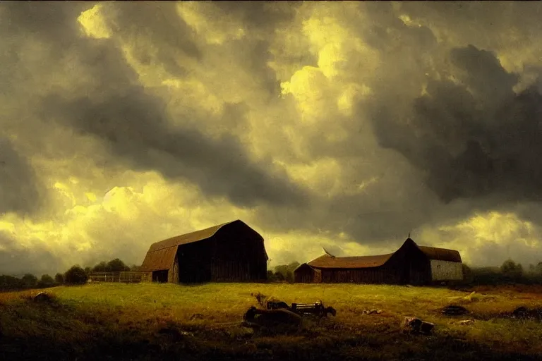 Prompt: a barn in the countryside, dramatic lighting, dramatic clouds, edward harrison compton