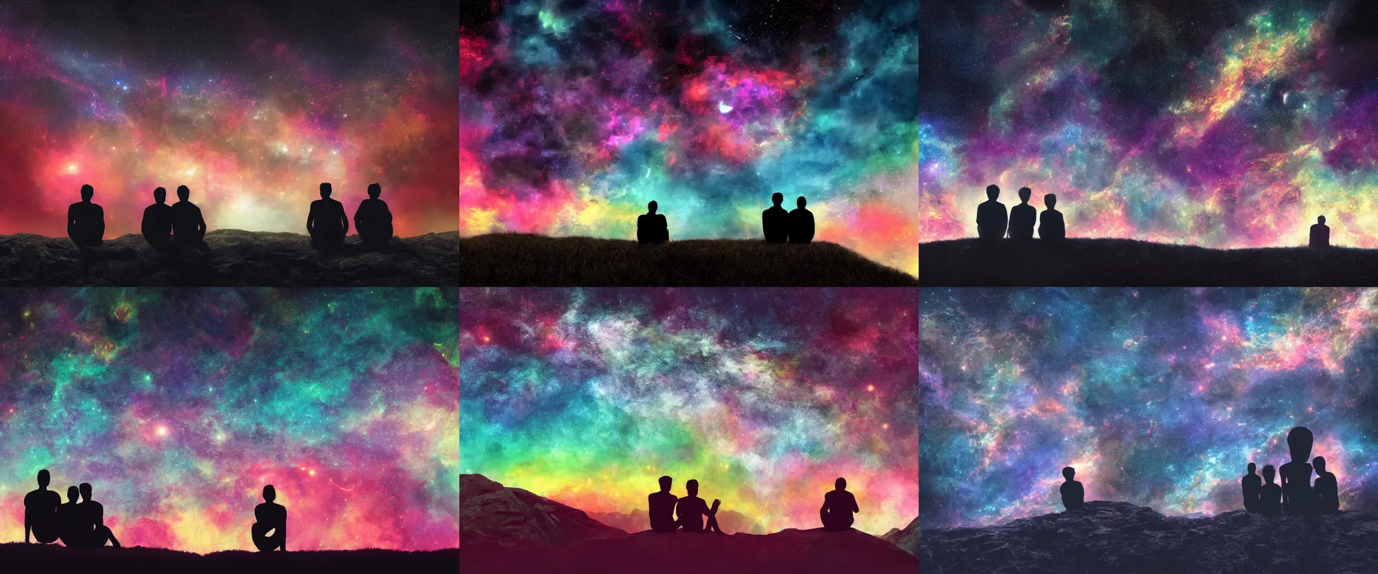 Prompt: silhouette of two young men sitting besides each other on a hill and looking into colourful galaxies of the night sky, insanely detailed, 4k, epic composition, cosmic, octane render, art station, unreal engine