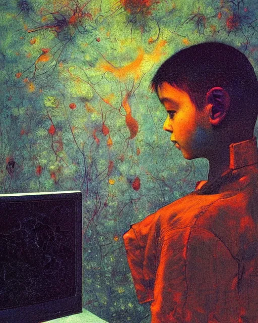 Image similar to 8k professional photo of an 8 years old boy standing in front of a computer from 90s monitor screen, Beksinski impasto painting, part by Adrian Ghenie and Gerhard Richter. art by Takato Yamamoto, masterpiece by Francis Bacon