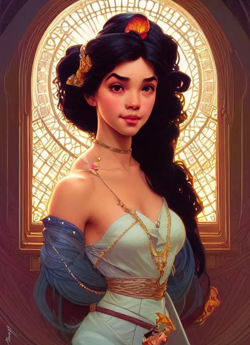 Image similar to portrait of disney esmeralda, intricate, elegant, highly detailed, my rendition, digital painting, artstation, concept art, smooth, sharp focus, illustration, art by artgerm and greg rutkowski and alphonse mucha and uang guangjian and gil elvgren and sachin teng, symmetry!!