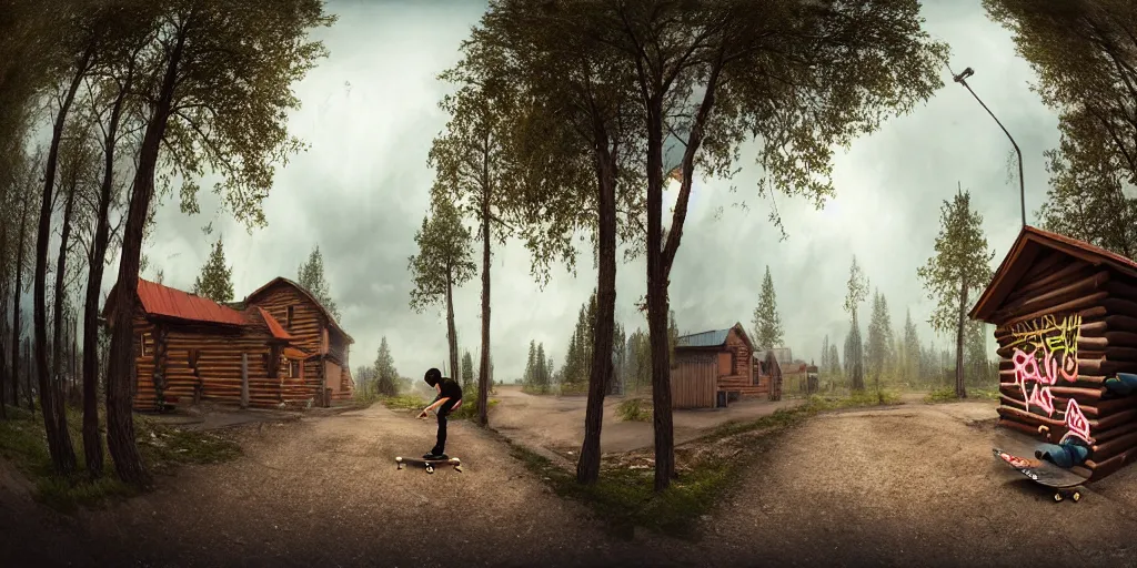 Prompt: a detailed beautiful matte painting of a skateboarder, kick flip, pilgrim village setting, log homes with graffiti, dirt road, trees by Mikko Lagerstedt and Raphael Lacoste, graffiti log homes with graffiti by Fintan Magee, fisheye lens