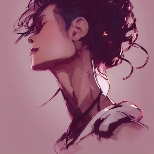 Image similar to a beautiful girl with short curly brown hair in a ponytail, a pointy chin, smiling sweetly, dramatic lighting, illustration by Rossdraws, yoji shinkawa, 4k, digital art, concept art, trending on artstation