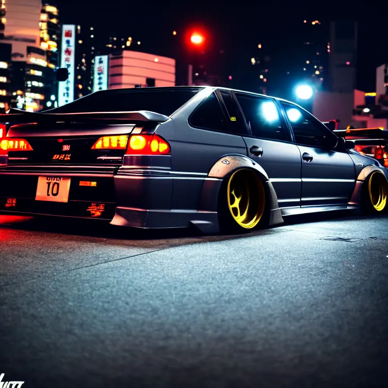 Image similar to a car JZX90 twin turbo drift at illegal car meet, Shibuya prefecture, city midnight mist lights, cinematic lighting, photorealistic, highly detailed wheels, high detail