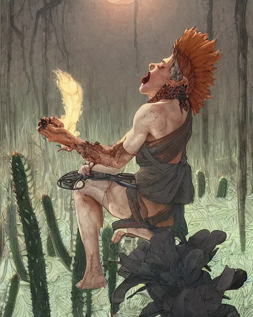 Image similar to spartan drinking tea at campfire with trichocereus background and smoke haze, wolf howling at full moon, photo in the style of the celestine prophecy, wlop, artgerm, greg rutkowski and alphonse mucha yoichi hatakenaka, masamune shirow, josan gonzales and dan mumford, ayami kojima