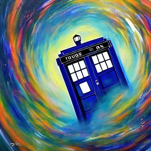 Image similar to oil painting of the tardis from dr who flying through space. beautiful. space.