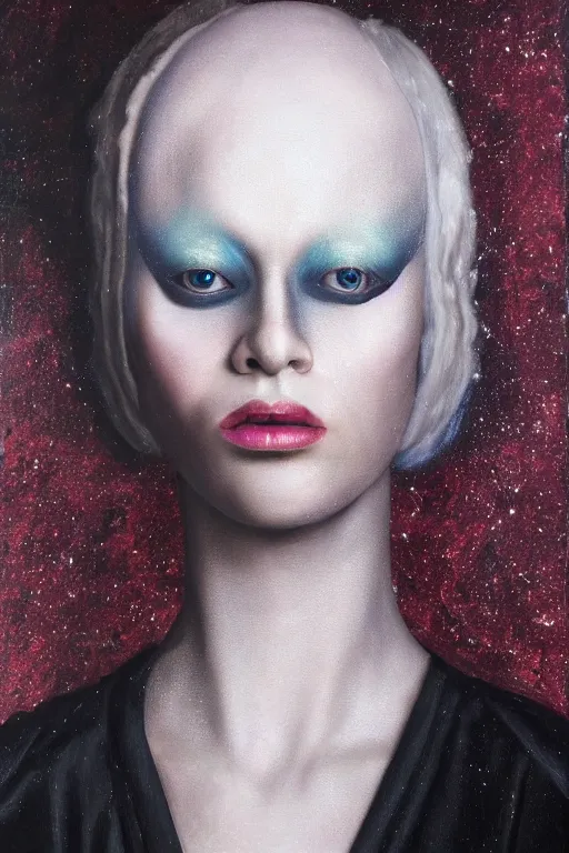 Image similar to hyperrealism oil painting, close - up portrait of albino medieval fashion model, black silk, steel gradient mixed with nebula sky, in style of baroque