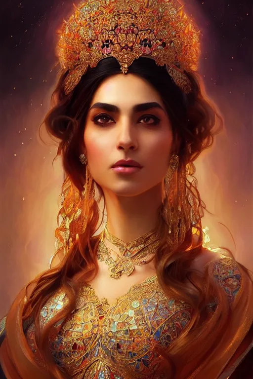 Prompt: Beautiful portrait of an attractive Persian Princess who is an architect, beautiful princess, face painting, dramatic lighting, intricate, wild, highly detailed, digital painting, artstation, concept art, smooth, sharp focus, illustration, art by artgerm and greg rutkowski and alphonse mucha, footage from space camera