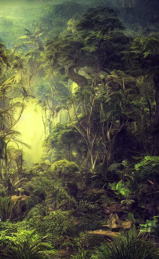 Image similar to surreal dali jungle landscape, volumetric lighting, early morning, 3d liminal grainy surreal aesthetic illustration, highly detailed, soft render