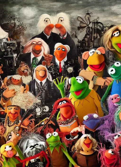 Image similar to a beautiful detailed, realistic painting in the style of bosch of the muppets, f 8, 4 k hd wallpaper