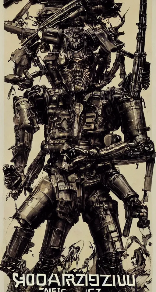 Image similar to Movie Poster for Schwartzlicht,about Chinese Russian Zombie Troopers Designed By Yasushi Nirasawa battle Japanese America Cyborgs Designed by Syd Mead and Giger, 1970s style, very detailed, text says: Schwarzlicht