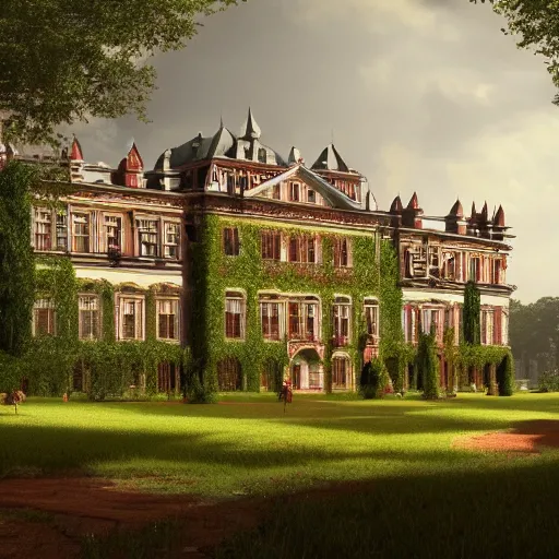 Prompt: matte painting of a countryside landscape of a nobleman large estate with xix century manor. fantastical, elegant, intricate elaborate, red brick, ivy, opulent, archways, columns, balcony, towers, greenhouse verdant lawn. sharp focus, smooth detailed digital art trending in artstation