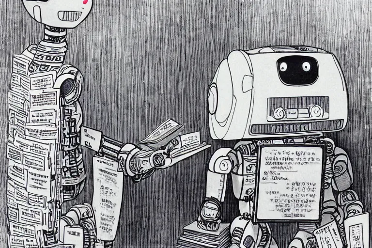 Prompt: a robot reading all the human knowledge made to date, katsuhiro otomo