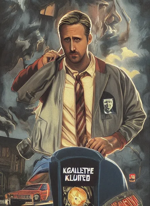 Prompt: ryan gosling in letterman jacket small town crime scene being hunted by the killer, twin peaks poster art, by michael whelan, rossetti bouguereau, artgerm, retro, nostalgic, old fashioned, 1 9 8 0 s teen horror novel cover, book,