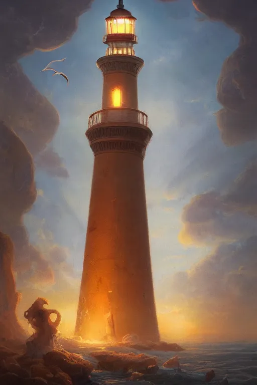 Prompt: Detailed Exterior Shot of The Glowing Ripe Lighthouse of Alexandria, light of god, light shafts, flock of birds, stunning atmosphere, in Style of Peter Mohrbacher, cinematic lighting