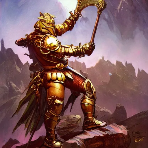 Image similar to knight character portrait by frank frazetta - wearing ornate armor, holding a spear, striking a pose, fantasy, dungeons & dragons, sharp focus, striking, artstation contest winner, detailed