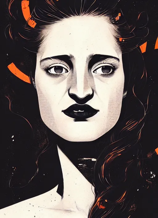 Image similar to highly detailed closeup portrait of beautiful grace gummer as dom dipierro, wavy ginger hair, black dress, by atey ghailan, by greg rutkowski, by greg tocchini, by james gilleard, by joe fenton, by kaethe butcher, gradient orange, black and white color scheme, grunge aesthetic!!! ( ( graffiti tag wall background ) )