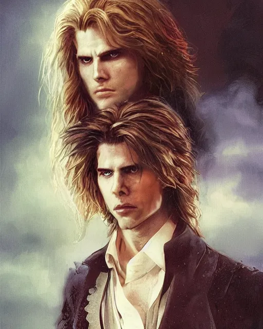 Prompt: alternate cover art for the movie interview with a vampire starring a long haired blonde tom cruise as lestat de lioncourt portrait, face centered, schmuck, regal, confident, unused design, night time, fog, colonial era street, volumetric lighting, realistic illustration, perfectly shaded, soft painting, art by krenz cushart and wenjun lin