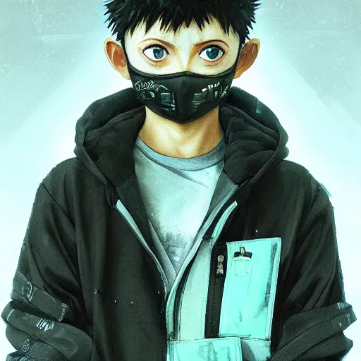 Image similar to realistic killua zoldyck with mask, techwear, streetwear, cyberpunk style outfit, greg rutkowski, artgerm, ross tran, wlop, ilya kuvshinov, intricate complexity, detailed portrait, 4 k, cinematic lighting, artstation, sharp focus, smooth, hd, hdr, award winning, octane render