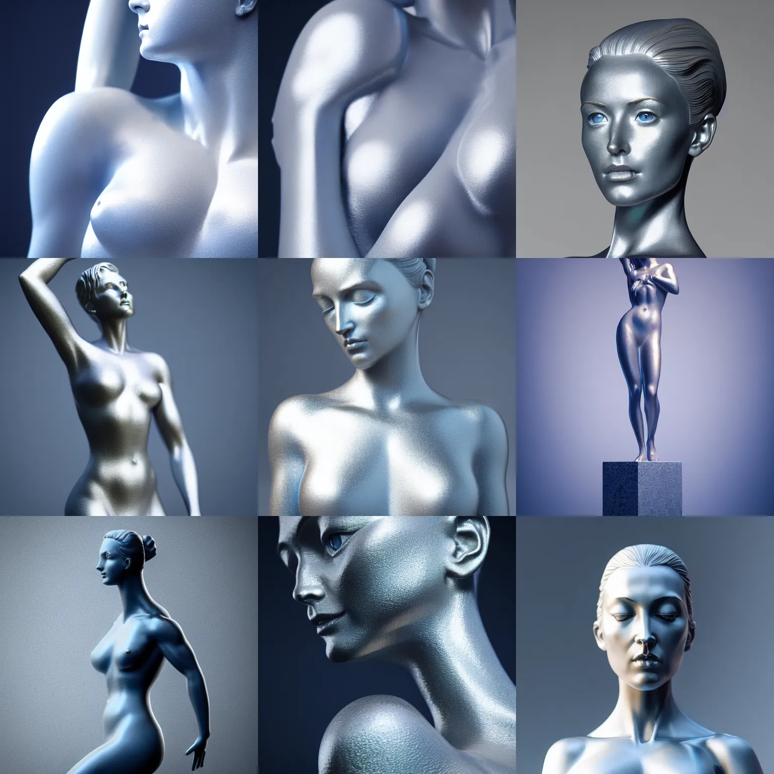 Prompt: statue of a perfect woman, procelain, silver, blue steel, soft!!, ( desgined by apple ), studio photo, octane render, studio lights, macro lens